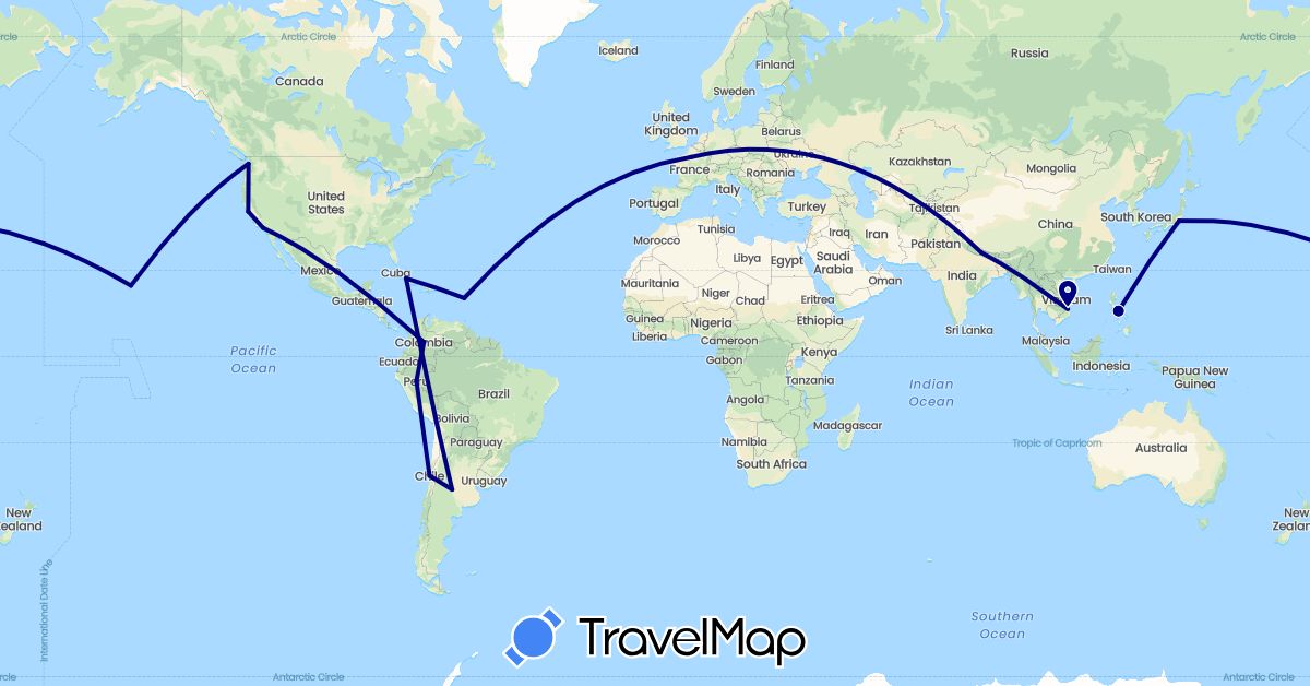 TravelMap itinerary: driving in Argentina, Chile, Colombia, Cuba, France, Japan, Nepal, Peru, Philippines, United States, Vietnam (Asia, Europe, North America, South America)